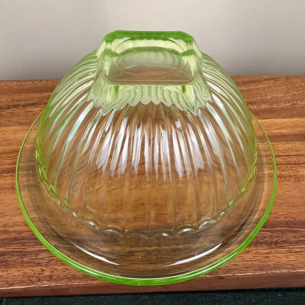 Vintage Hazel Atlas Uranium Glass Ribbed Mixing Bowl Green Depression Glass 8in